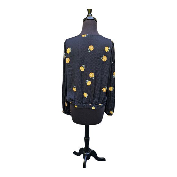 Madewell Floating Yellow Florets Silky Wrap Top Blouse Bubble Sleeve Large Black - Picture 4 of 10